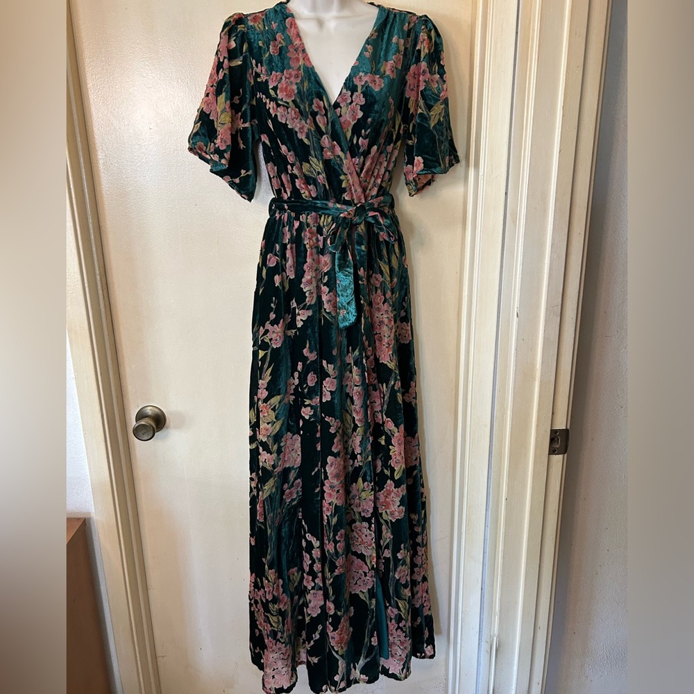 Baltic Born Green Floral Velvet Maxi Dress with Pink Flowers
